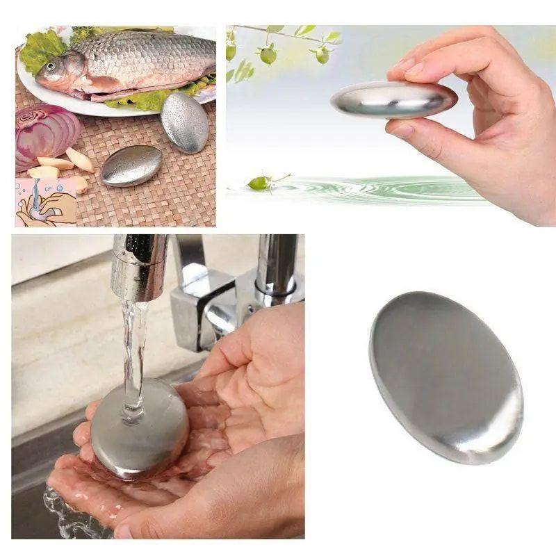 A collage shows the Odor Remover Hand Bar Stainless Steel Soap being held, rinsed under water, and placed by fish and onions, highlighting its ability to remove odors from hands.