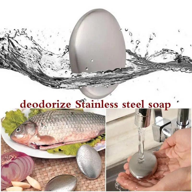 The Odor Remover Hand Bar Stainless Steel Soap is shown above water, and being washed under a faucet with fish and onions—demonstrating its effective odor removal for hands. Text: deodorize Stainless Steel Soap.