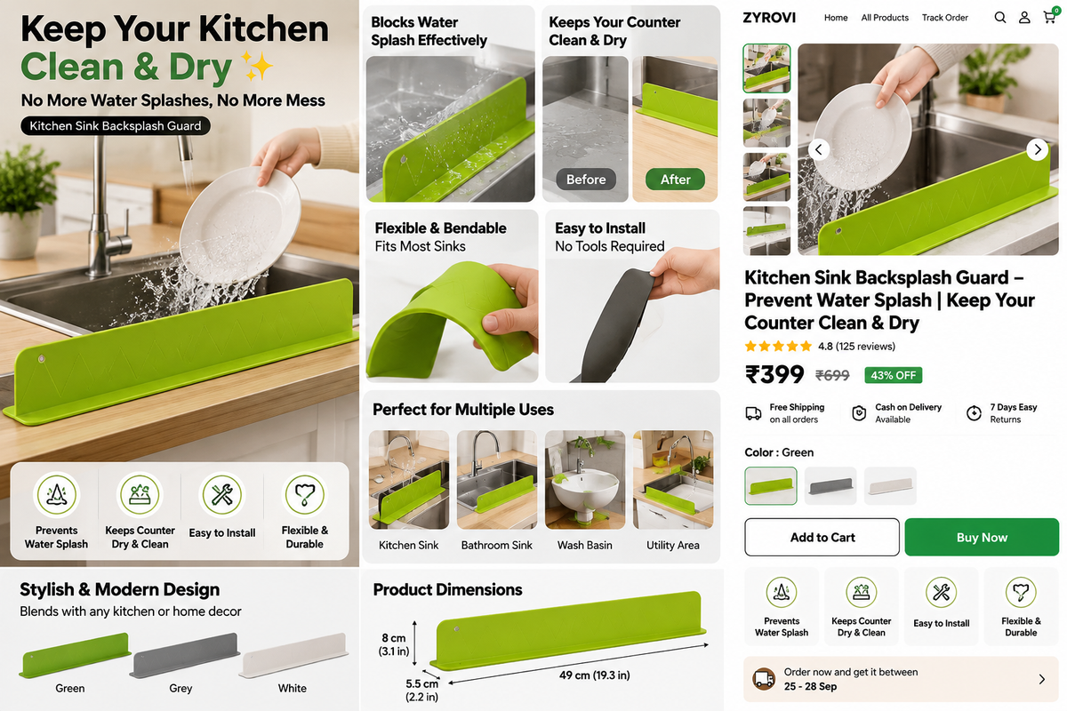 Zyrovi Kitchen Sink Splash Guard product features and use cases