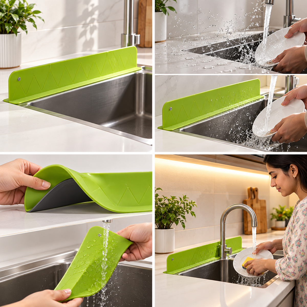 Lifestyle and demonstration images of Zyrovi Kitchen Sink Splash Guard